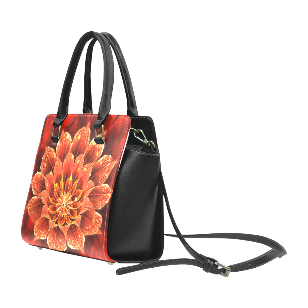 Riveted Should Handbag - Red Dahlia Fractal Flower with Beautiful Bokeh Rivet Shoulder Handbag (Model 1645)