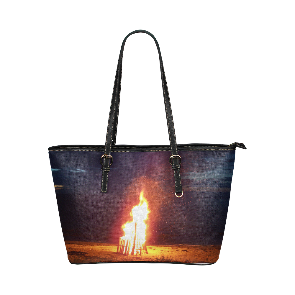 Beach Bonfire Blazing Leather Tote Bag/Small (Model 1651)