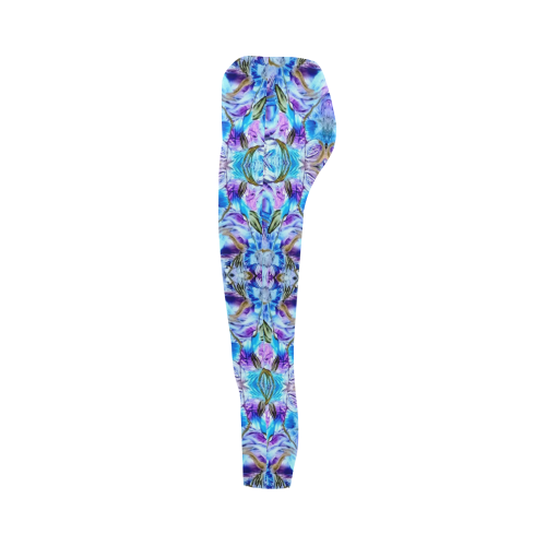 Elegant Turquoise Blue Flower Pattern Capri Legging (Model L02)