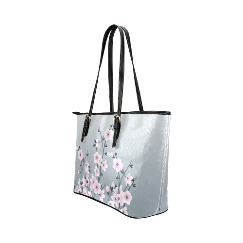 Cherry Blossoms Gray Pink Sakura Floral Asia Leather Tote Bag/Small (Model 1651)
