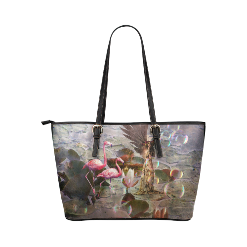 Winged Fairy with Flamingos Leather Tote Bag/Large (Model 1651)