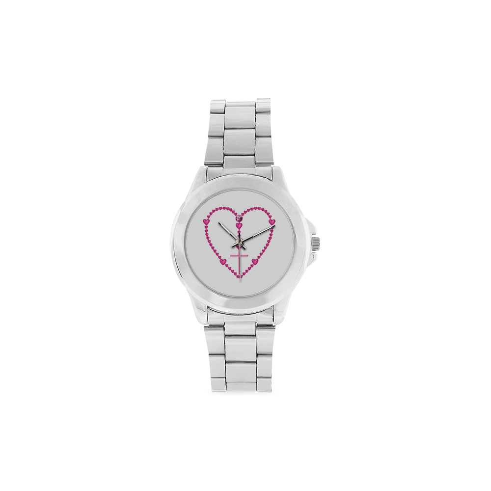 Catholic: Pink Rosary with Heart Shaped Beads Unisex Stainless Steel Watch(Model 103)