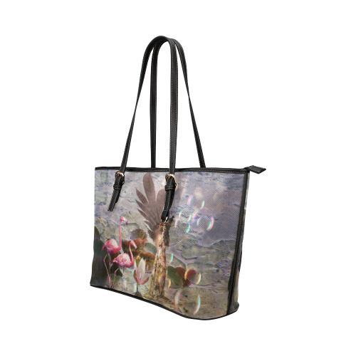 Winged Fairy with Flamingos Leather Tote Bag/Large (Model 1651)