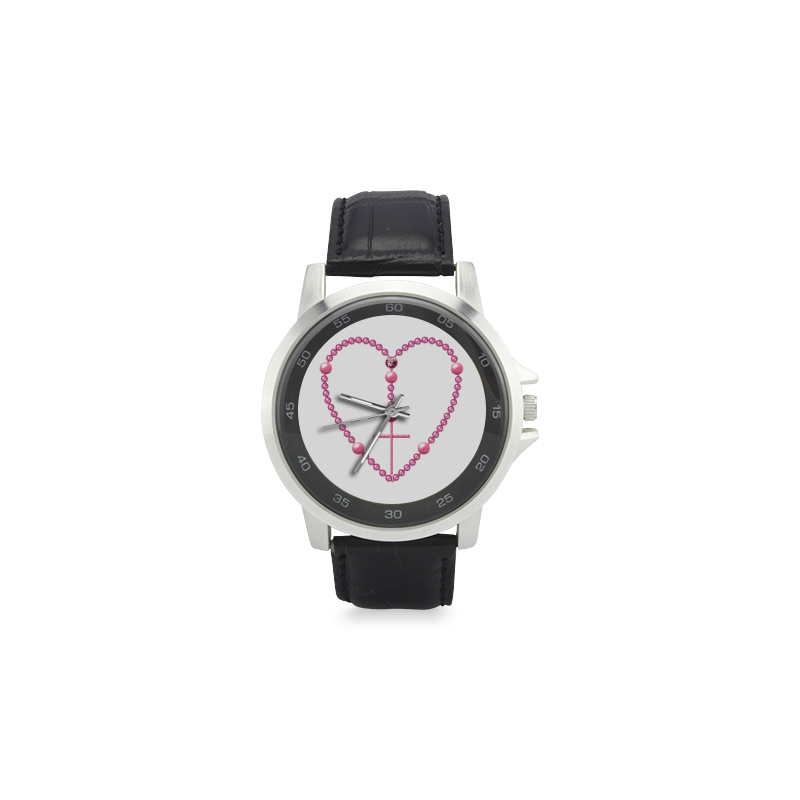 Catholic: Heart-Shaped Rosary - Pink Pearl Beads Unisex Stainless Steel Leather Strap Watch(Model 202)