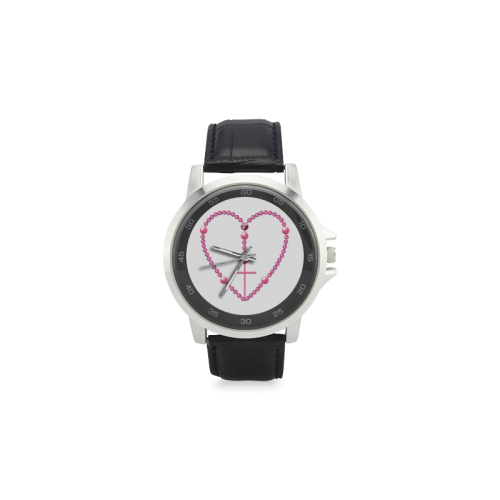 Catholic: Heart-Shaped Rosary - Pink Pearl Beads Unisex Stainless Steel Leather Strap Watch(Model 202)