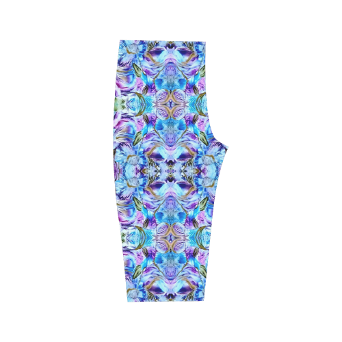Elegant Turquoise Blue Flower Pattern Hestia Cropped Leggings (Model L03)