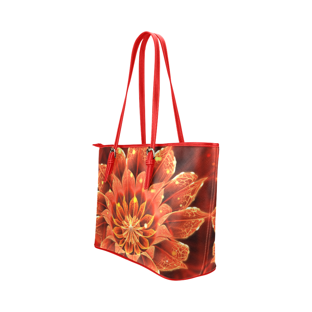 Sm Red Leather Tote - Red Dahlia Fractal Flower with Beautiful Bokeh Leather Tote Bag/Small (Model 1651)