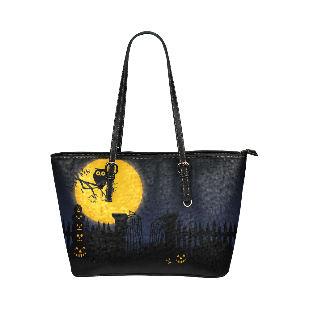 Happy Halloween with  a owl in the night Leather Tote Bag/Large (Model 1651)