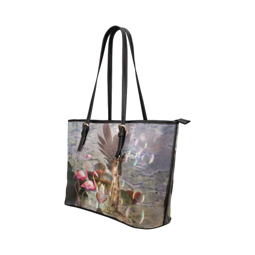 Winged Fairy with Flamingos Leather Tote Bag/Small (Model 1651)