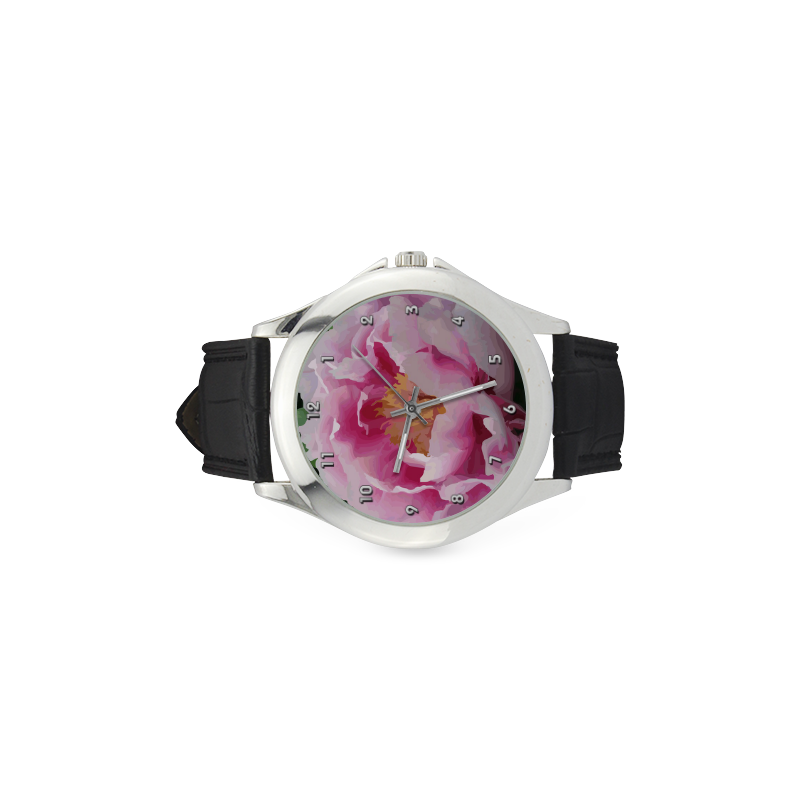 Pink Peony Floral Women's Classic Leather Strap Watch(Model 203)