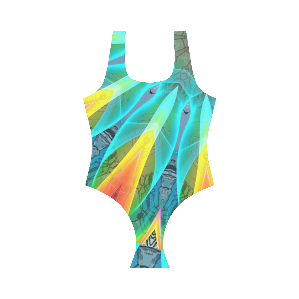 Aqua Gold Joy to the World Flowers, Zen Rainbow Vest One Piece Swimsuit (Model S04)