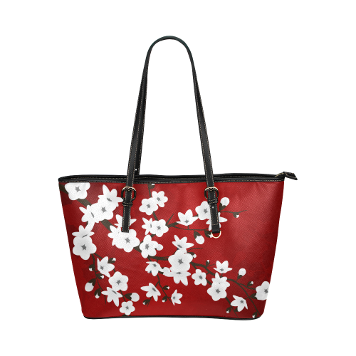 Cherry Blossoms Red Black White Japanese Asia Floral Leather Tote Bag/Small (Model 1651)