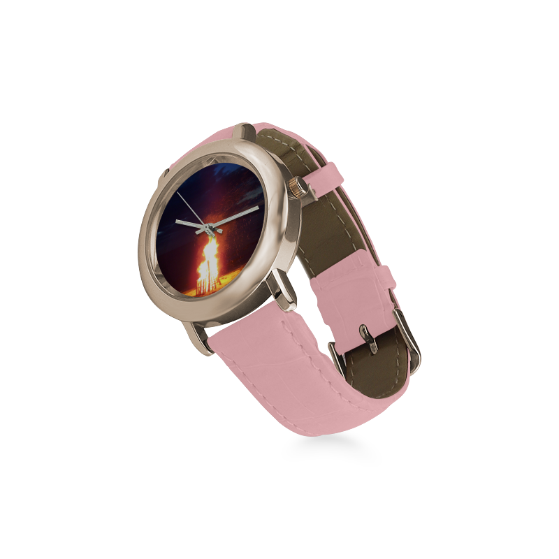 Beach Bonfire Blazing Women's Rose Gold Leather Strap Watch(Model 201)
