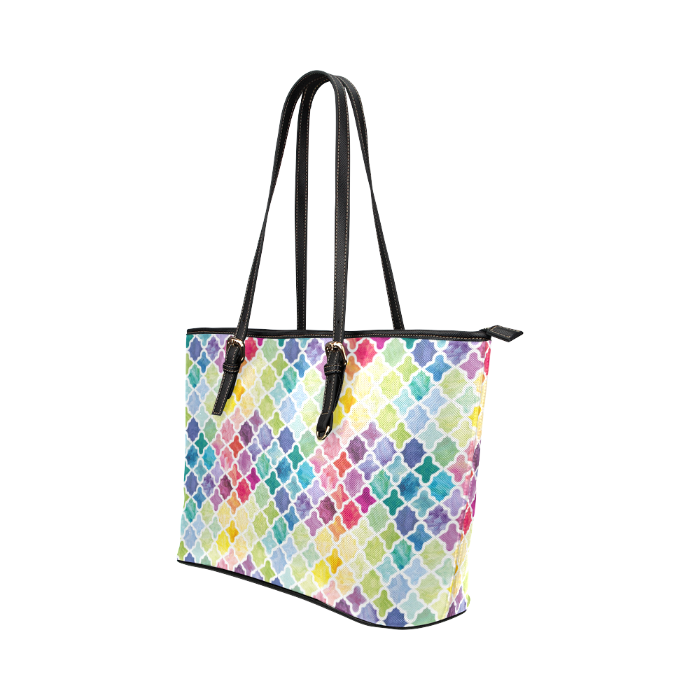 watercolor pattern Leather Tote Bag/Small (Model 1651)