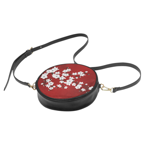 Cherry Blossoms Red Black White Japanese Asia Floral Round Sling Bag (Model 1647)