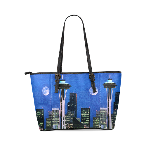 Seattle Space Needle Watercolor Leather Tote Bag/Large (Model 1640)