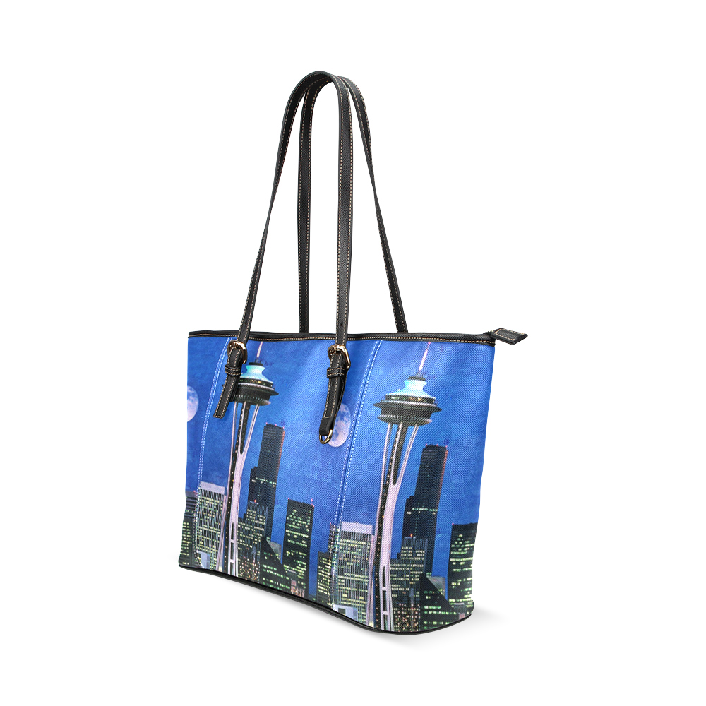 Seattle Space Needle Watercolor Leather Tote Bag/Large (Model 1640)