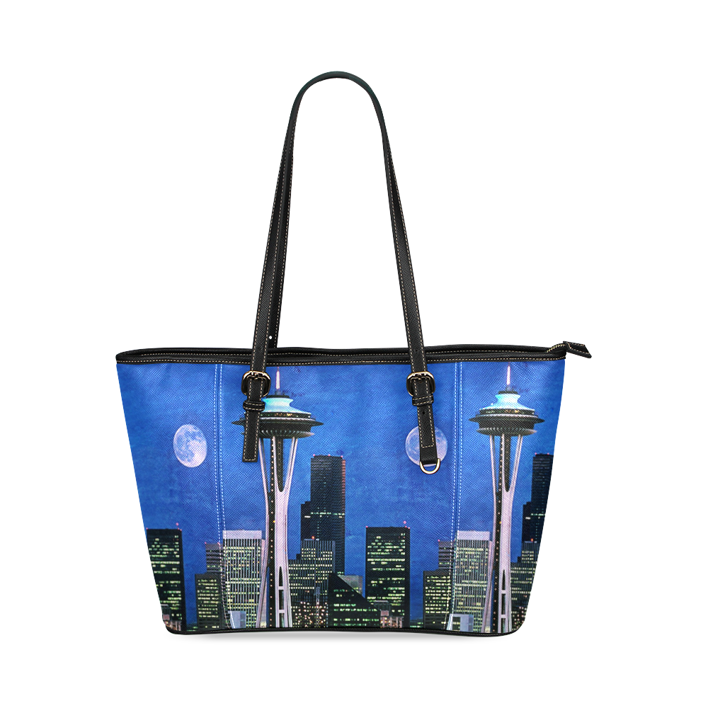 Seattle Space Needle Watercolor Leather Tote Bag/Large (Model 1640)