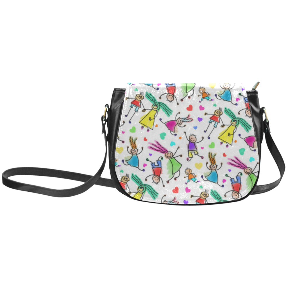 Multicolored HAPPY PEOPLE Line Drawing Classic Saddle Bag/Small (Model 1648)