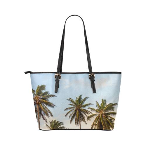 Chilling Tropical Palm Trees Blue Sky Scene Leather Tote Bag/Large (Model 1651)