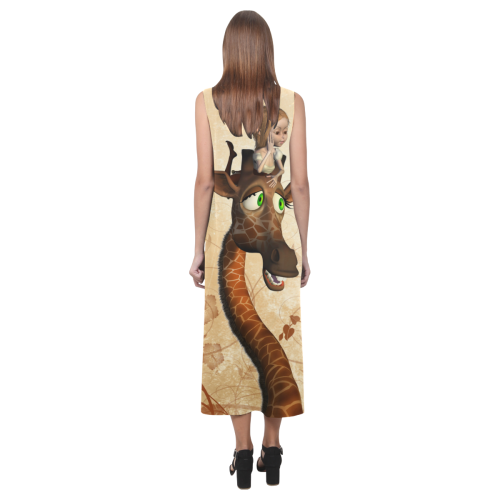 Funny, cute giraffe with fairy Phaedra Sleeveless Open Fork Long Dress (Model D08)