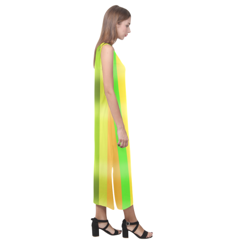 Green Orange Yellow Stripes Design Phaedra Sleeveless Open Fork Long Dress (Model D08)