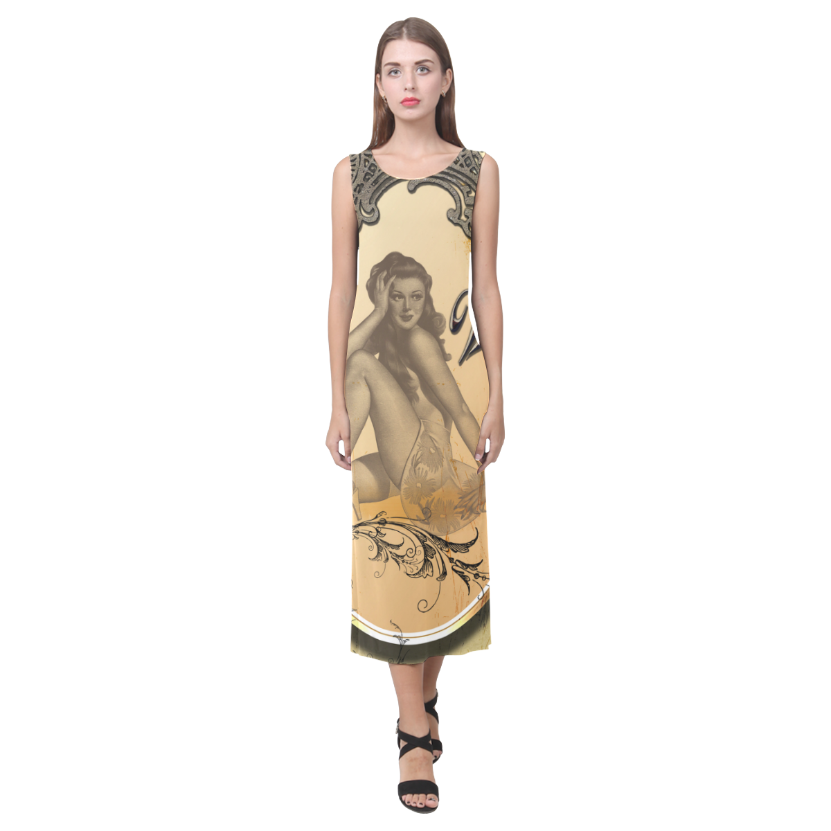 Vintage, wonderful pin up girl Phaedra Sleeveless Open Fork Long Dress (Model D08)