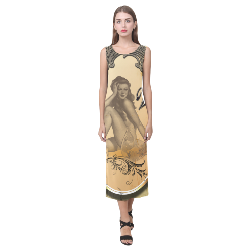 Vintage, wonderful pin up girl Phaedra Sleeveless Open Fork Long Dress (Model D08)