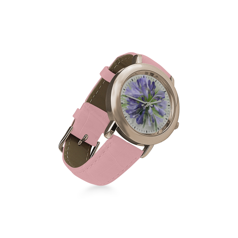 Purple Flower Women's Rose Gold Leather Strap Watch(Model 201)