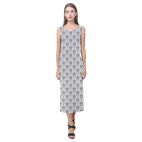 Elegant Black and White Damask Phaedra Sleeveless Open Fork Long Dress (Model D08)