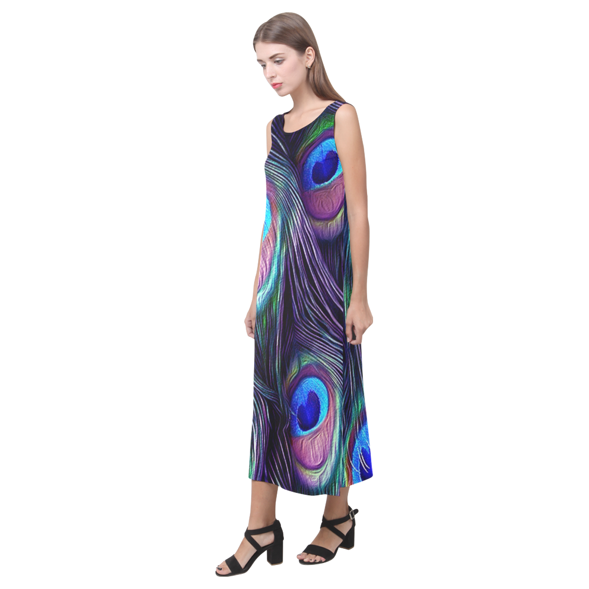 Peacock Feather Phaedra Sleeveless Open Fork Long Dress (Model D08)