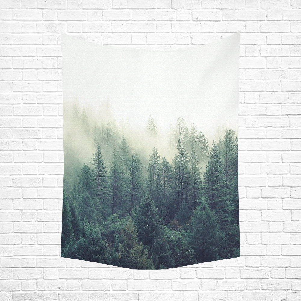 Calming Green Nature Forest Scene Misty Foggy Cotton Linen Wall Tapestry 60"x 80"