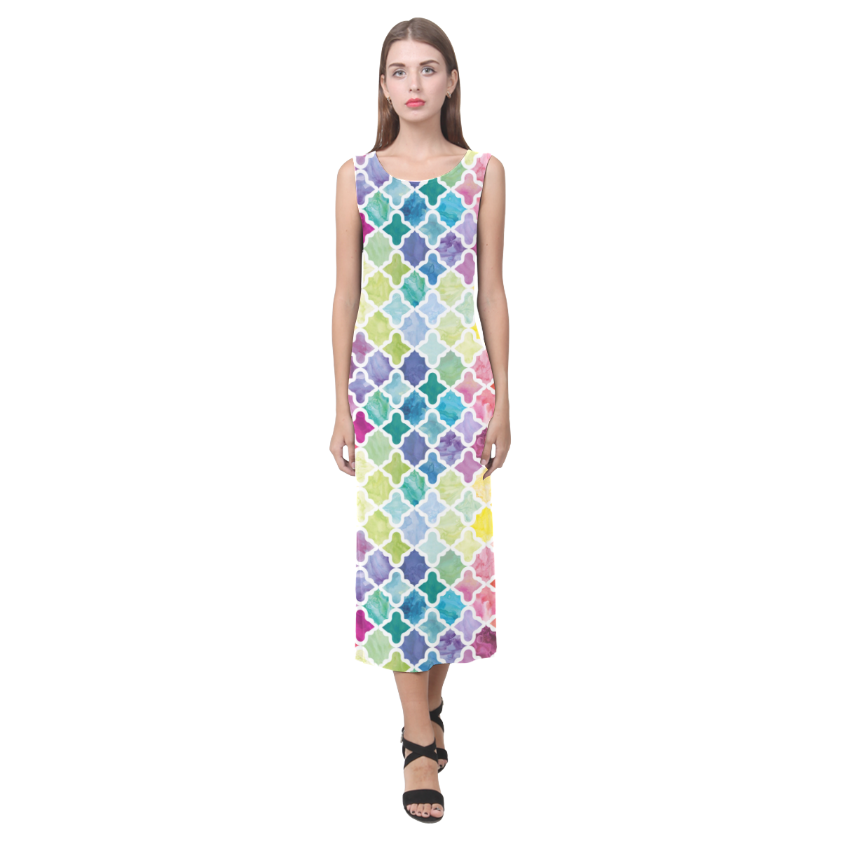 watercolor pattern Phaedra Sleeveless Open Fork Long Dress (Model D08)