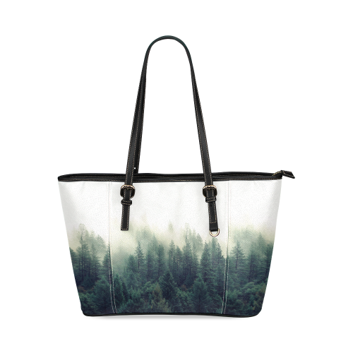 Calming Green Nature Forest Scene Misty Foggy Leather Tote Bag/Small (Model 1640)