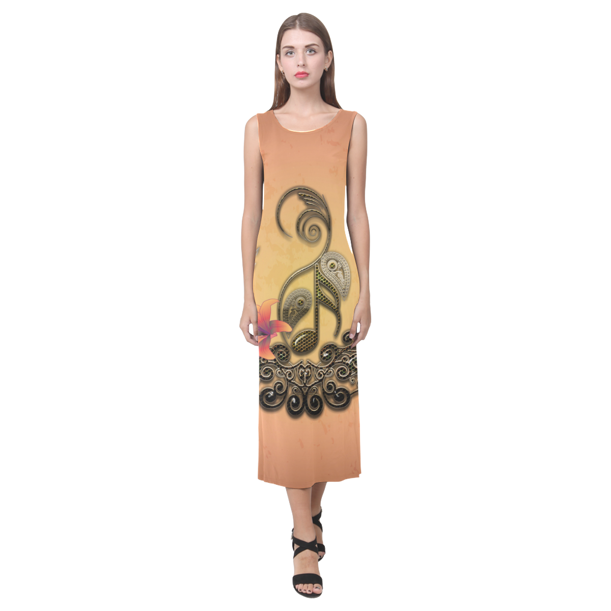 Wonderful key notes with floral elements Phaedra Sleeveless Open Fork Long Dress (Model D08)