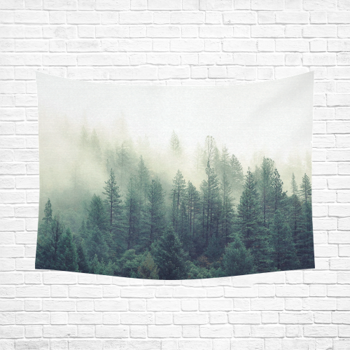 Calming Green Nature Forest Scene Misty Foggy Cotton Linen Wall Tapestry 80"x 60"