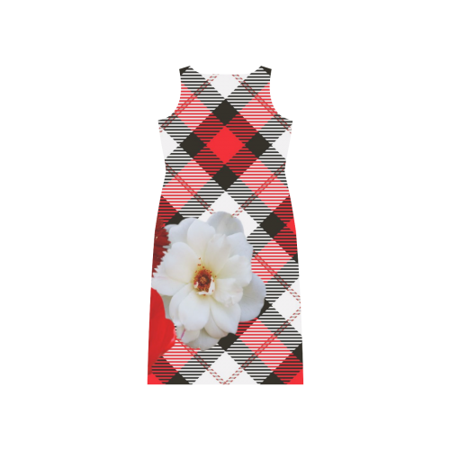 red white plaid flowers Phaedra Sleeveless Open Fork Long Dress (Model D08)