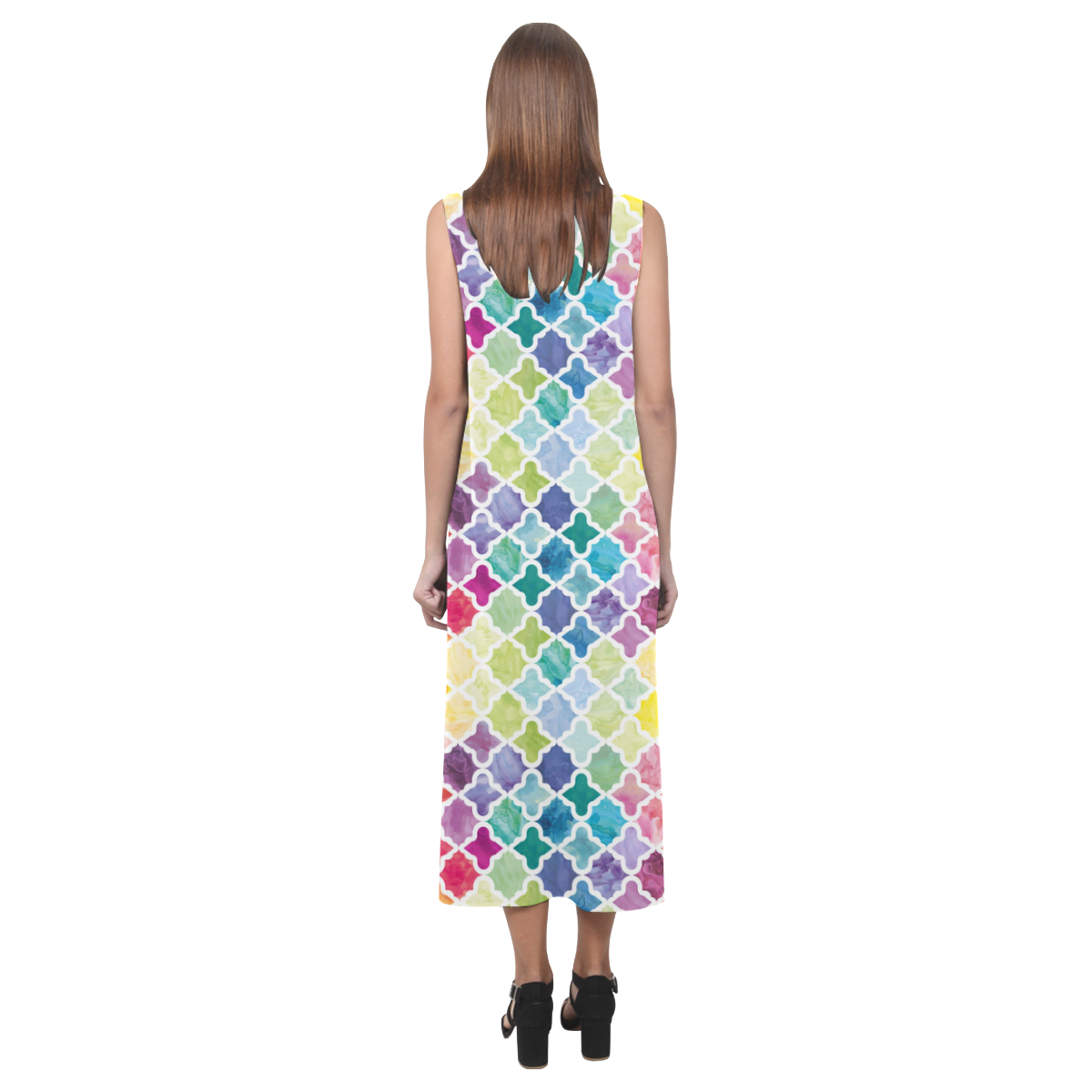 watercolor pattern Phaedra Sleeveless Open Fork Long Dress (Model D08)