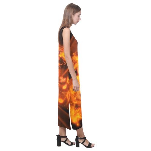 Music, clef with fire and flame Phaedra Sleeveless Open Fork Long Dress (Model D08)
