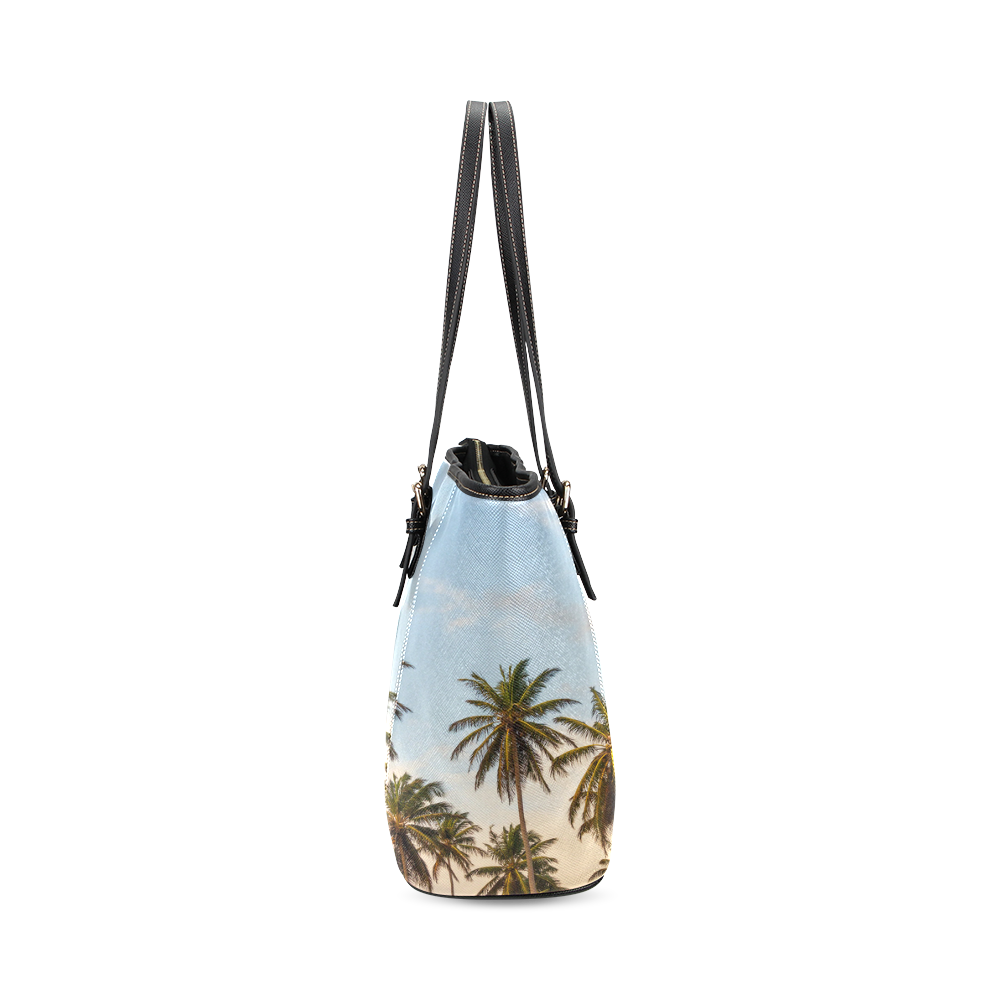 Chilling Tropical Palm Trees Blue Sky Scene Leather Tote Bag/Small (Model 1640)