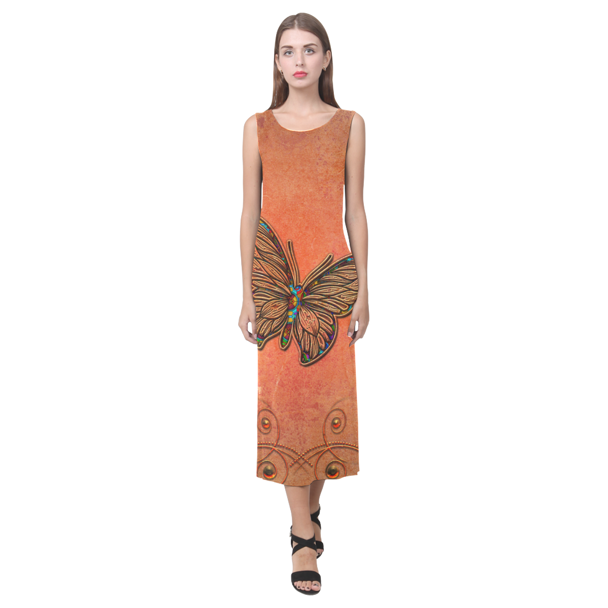 Wonderful butterflies, decorative design Phaedra Sleeveless Open Fork Long Dress (Model D08)
