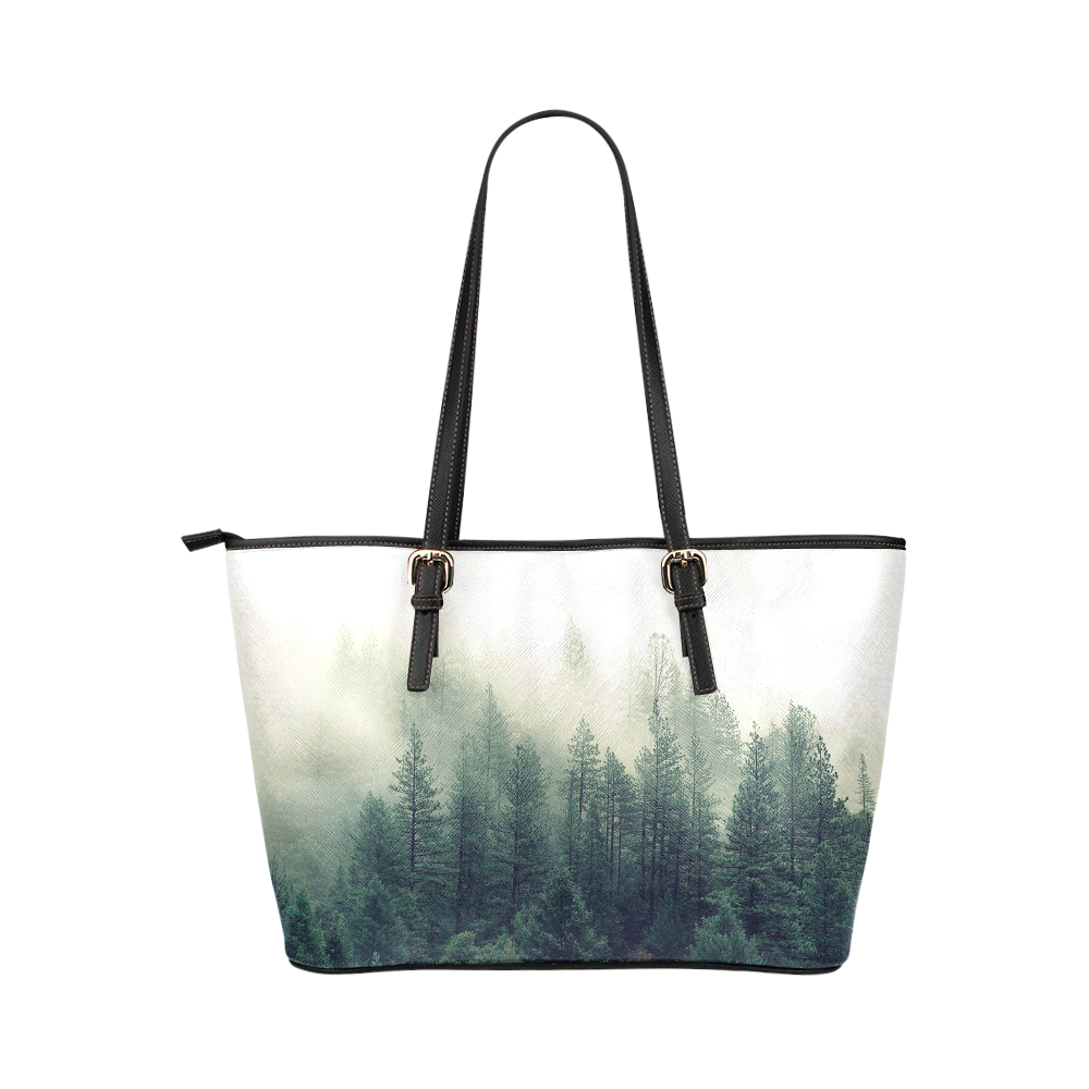 Calming Green Nature Forest Scene Misty Foggy Leather Tote Bag/Large (Model 1651)