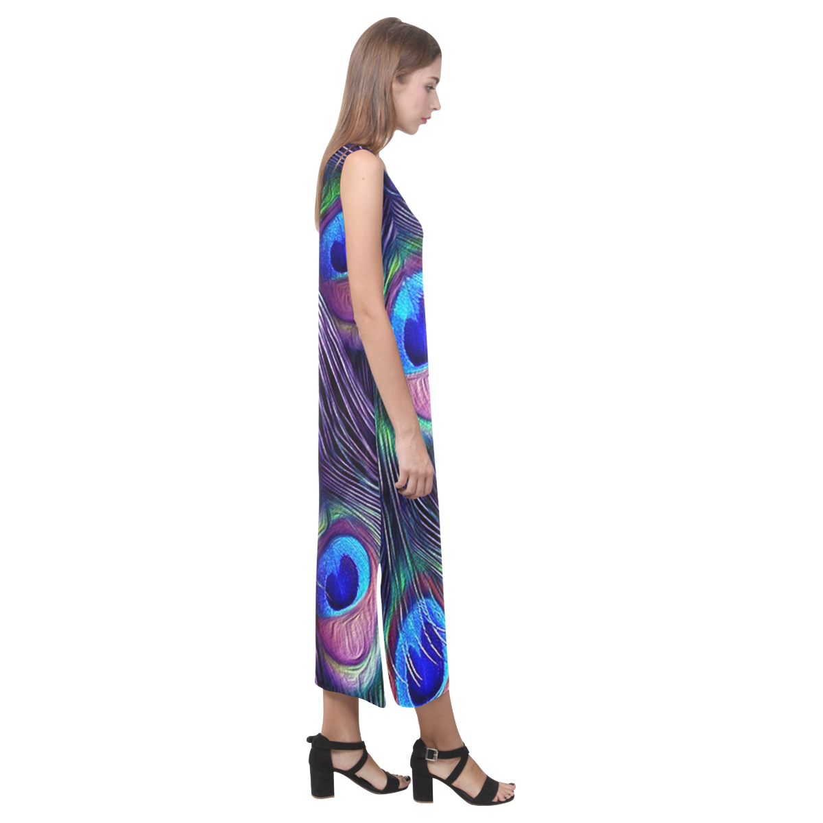 Peacock Feather Phaedra Sleeveless Open Fork Long Dress (Model D08)