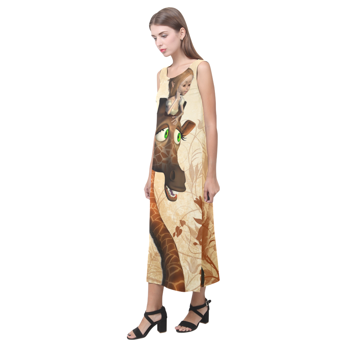 Funny, cute giraffe with fairy Phaedra Sleeveless Open Fork Long Dress (Model D08)