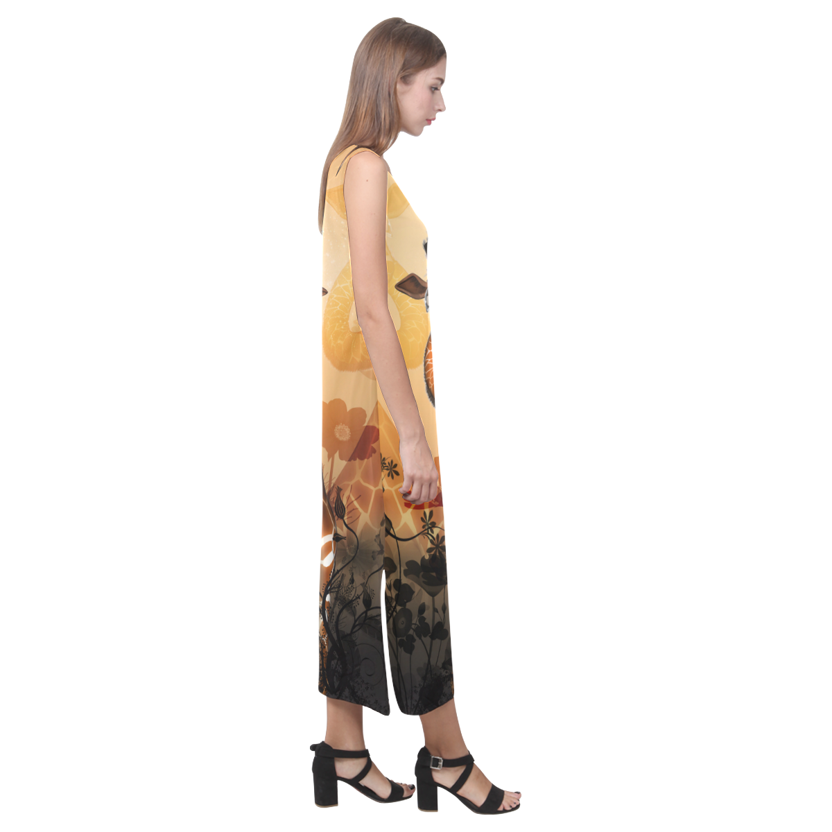 Funny, sweet giraffe Phaedra Sleeveless Open Fork Long Dress (Model D08)