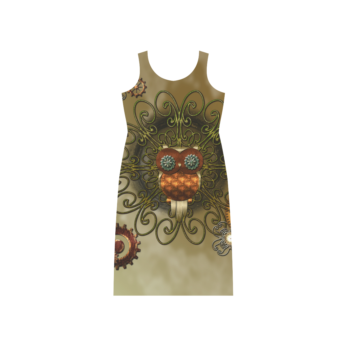 Steampunk cute owl Phaedra Sleeveless Open Fork Long Dress (Model D08)