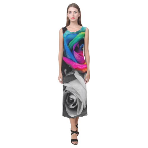 black,white splash roses Phaedra Sleeveless Open Fork Long Dress (Model D08)
