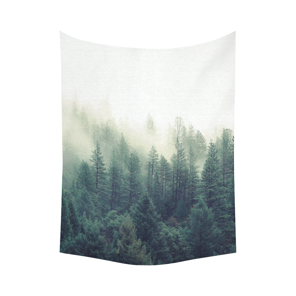 Calming Green Nature Forest Scene Misty Foggy Cotton Linen Wall Tapestry 60"x 80"