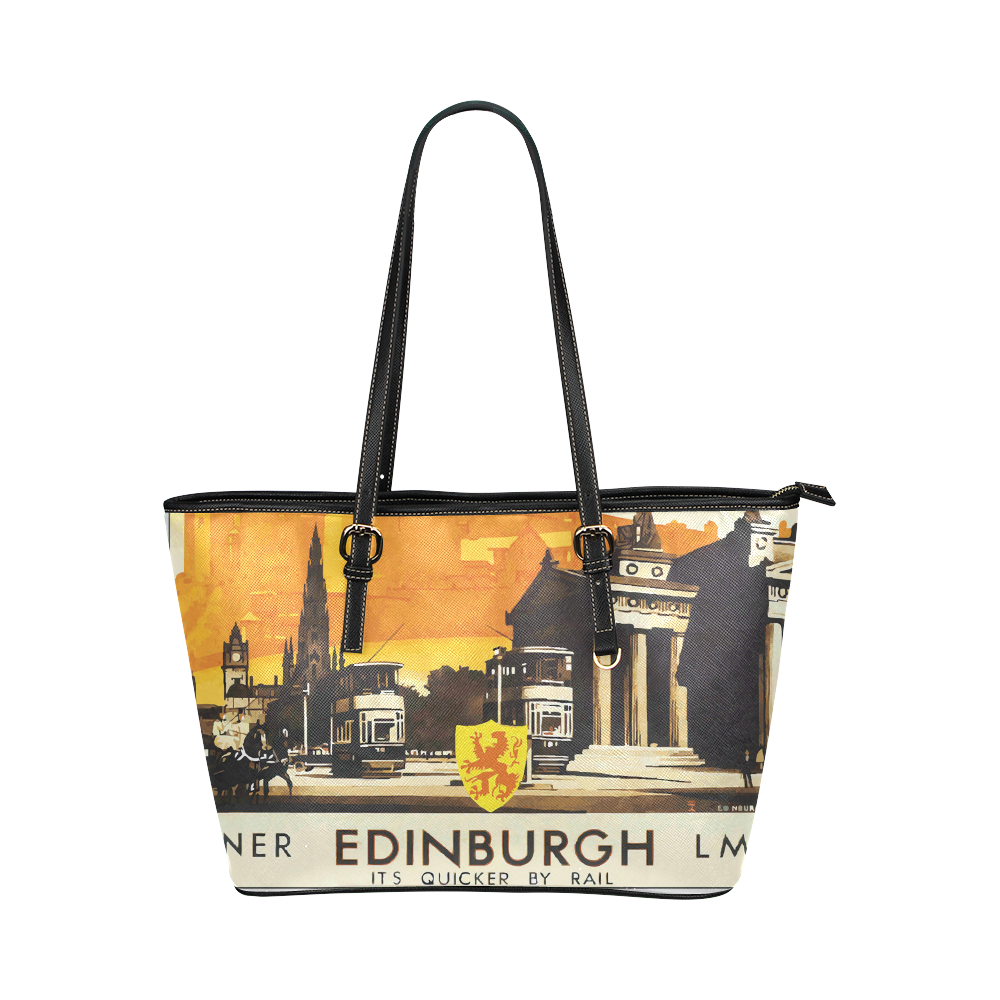 Edinburgh Vintage Travel Poster Leather Tote Bag/Large (Model 1651)