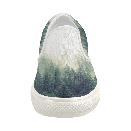 Calming Green Nature Forest Scene Misty Foggy Women's Slip-on Canvas Shoes (Model 019)